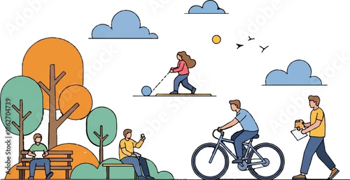 People engaging in various outdoor activities like reading, cycling, and leisure in a park setting