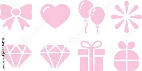 A collection of cute pink celebratory icons including bows hearts balloons and diamonds on a white background
