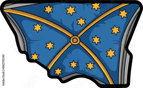 Stylized blue ceiling or canopy with golden ribs and yellow stars, in a cartoonish, hand-drawn style