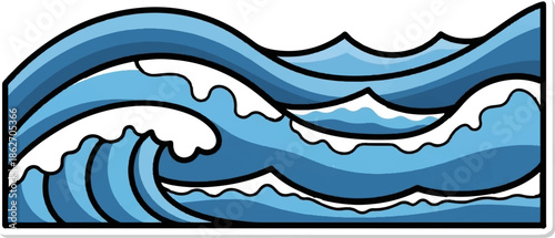 Stylized blue ocean waves with white foamy crests and thick black outlines against a white background