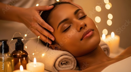 Relaxing facial massage with candles and fairy lights