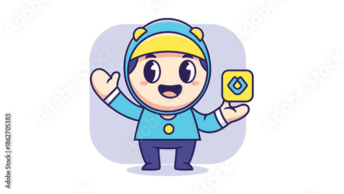 Cute Cartoon Boy Holding a Digital Currency Icon.