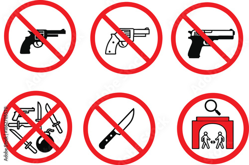 Prohibition Signs Displaying nogun, no Weapons, no knife, Security Checkpoint for Public Safety, and Restricted Access Areas
