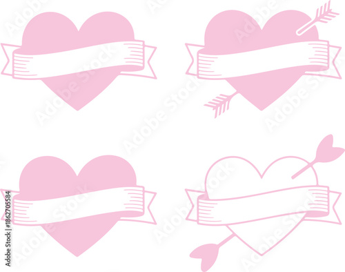 Four pink heart shapes with banners and cupid arrows on a plain white background for design