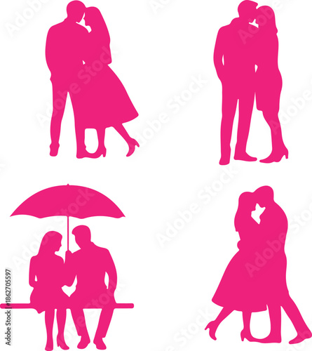 Four romantic pink silhouettes depicting couples embracing, kissing, and sitting under an umbrella on a white backdrop