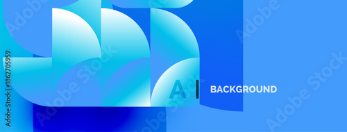 Abstract blue shapes overlap, creating dynamic visual effect. Letter A and text background present. Modern design.