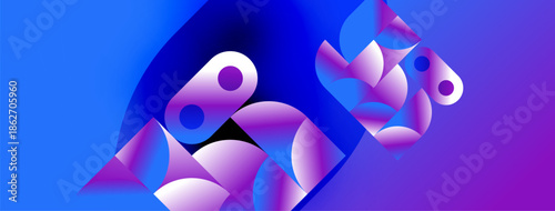 Abstract shapes, vibrant blues, purples create dynamic composition. Modern design, smooth gradients suggest movement, depth.