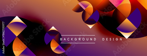 Abstract geometric shapes blend vibrant orange, purple hues. Modern design creates dynamic visual flow, suitable background element.