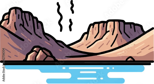 Stylized desert canyon landscape with rocky formations, a serene water body, and rising heat waves