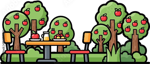 Stylized garden picnic scene with apple trees, table, chairs, fresh apples on a plate, and a jug of juice