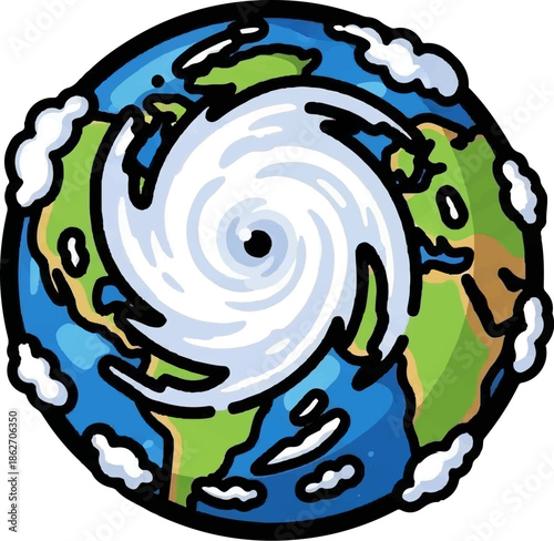 Stylized globe with a prominent white hurricane swirling across its surface, surrounded by scattered clouds