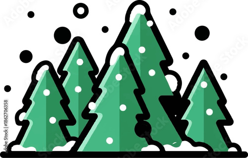 Stylized green evergreen trees with white snow on branches and falling snowflakes against a white background