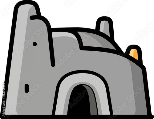 Stylized gray structure icon with thick black outlines, an arched entrance, and a small yellow glow