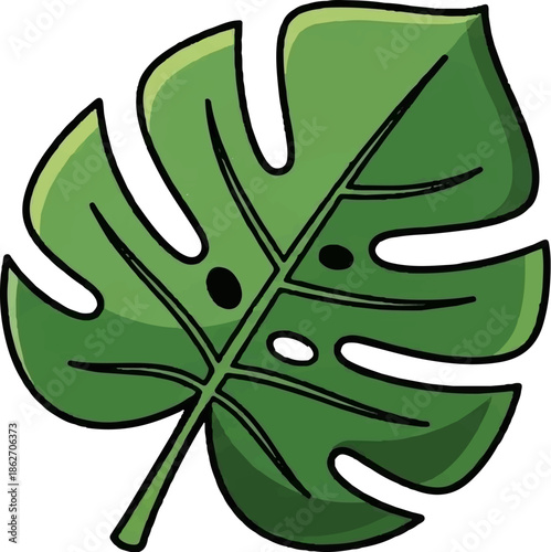Stylized green tropical leaf illustration with distinctive splits and holes, featuring a bold black outline