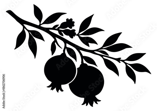 Stylized illustration of a pomegranate branch depicting ripe fruits and foliage for natural food themes