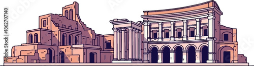 Stylized illustration of ancient ruins with columns, arches, and crumbling walls in a cartoonish, flat color style