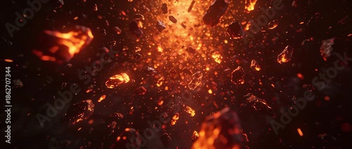 Fire explosion lava meteor asteroid space vdo loop burning debris with dramatic fiery lava explosion and floating magma rock ash spark chaos in dark space hot ember particle field
