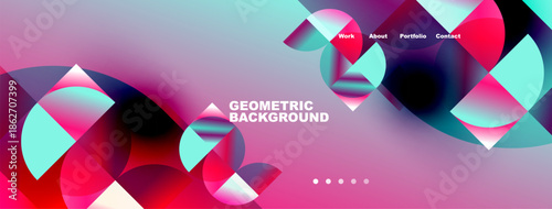 Abstract geometric background. Vibrant colors blend, creating modern design. Navigation menu present at top. Dots indicate sections.