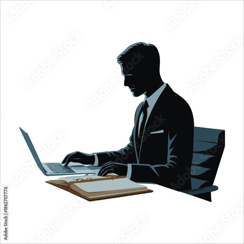 Businessman working on laptop silhouette vector