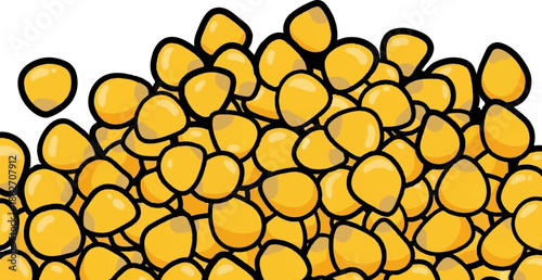 Stylized illustration of numerous bright yellow corn kernels with black outlines piled together on a white background