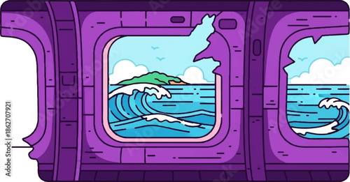 Stylized illustration of ocean waves and an island seen through a futuristic broken window frame