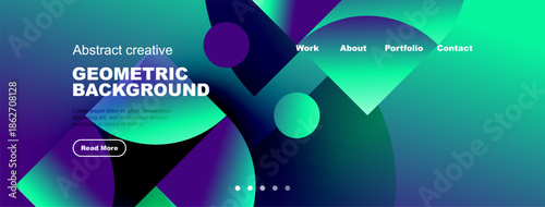 Abstract geometric background features vibrant colors, shapes. Website header includes navigation options, text elements. Modern design.