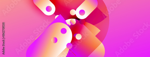 Abstract shapes, vibrant colors, pinks, oranges, whites blend. Modern design, fluid forms create dynamic composition. Minimalist aesthetic.