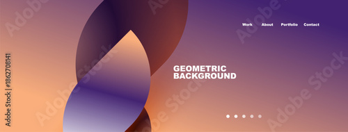 Abstract geometric shapes, gradient colors, website header. Text displays work, about, portfolio, contact options. Minimalist design.
