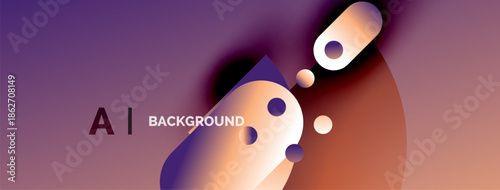 Abstract design features purple, orange gradients. Circles overlap, creating dynamic visual effect. Text reads AI BACKGROUND. Modern, minimalist aesthetic.
