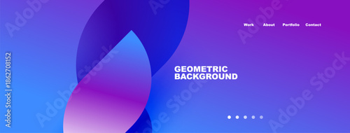 Abstract blue purple gradient design. Minimalist website header with navigation options, dots indicate slides. Modern aesthetic.