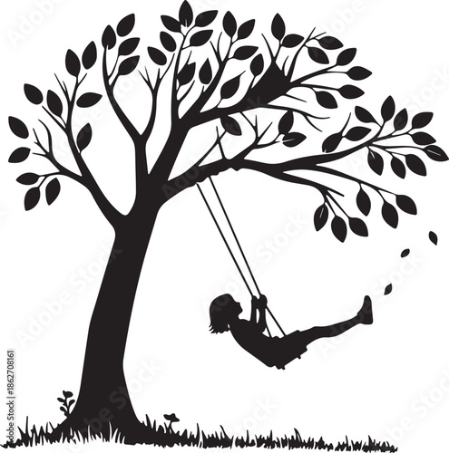 Black silhouette of a child girl swinging from a large tree branch