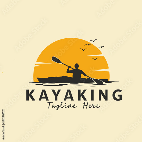 Retro Kayaking Emblem Design with Paddler Silhouette and Sunset