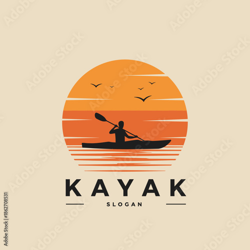 Vintage Kayak Logo Design - Paddler Silhouette at Sunset