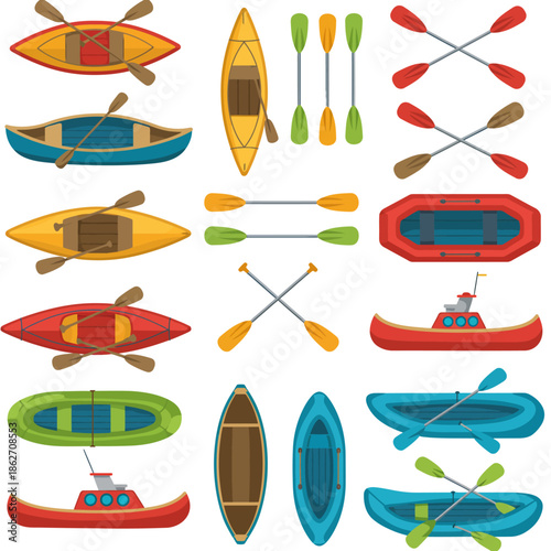 Collection of Kayaks, Canoes, Rafts, and Oars - Top View Water Sport Equipment Set