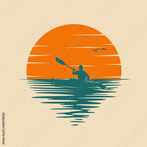 Kayak Paddler Silhouette against Retro Sunset Illustration