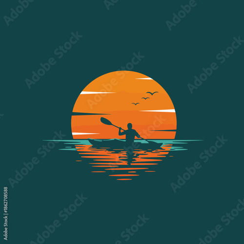 Kayak Paddler Silhouette at Sunset Retro Illustration Logo