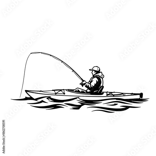 Kayak Fishing Angler Reeling in Fish - Retro Black and White Illustration