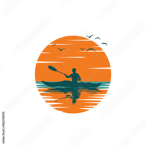 Kayak Paddler Silhouette at Sunset Logo Emblem Design