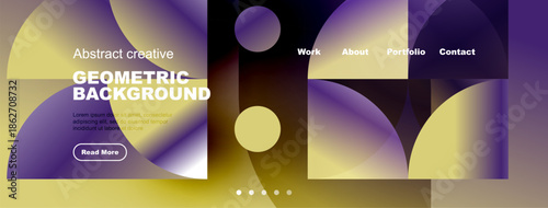 Modern website header design. Vibrant geometric shapes, purple, yellow hues dominate. Text elements present, navigation visible. Clean aesthetic.