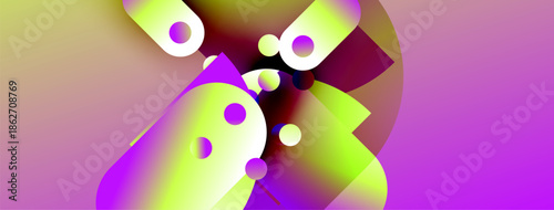 Abstract composition features vibrant shapes, gradients. Yellows, purples blend creating dynamic visual experience. Modern design elements present.