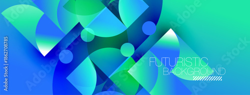 Abstract geometric shapes blend vibrant blues, greens. Modern design evokes futuristic feel, dynamic composition.