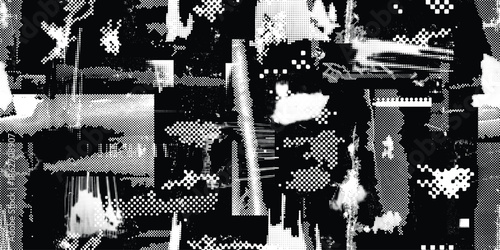 Glitch distorted grungy abstract forms . Halftone dots seamless pattern . Grange shapes .Grunge d . Vector shapes with half tone dots .Screen print endless pattern
