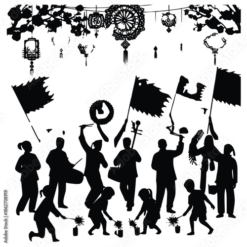 Diverse group of people celebrate a festive occasion with flags, music, and sparkling firecrackers in silhouette