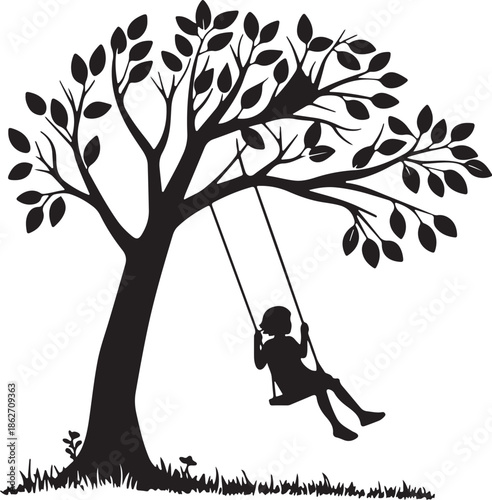 Child Swinging on Tree Swing Silhouette Illustration Isolated on White