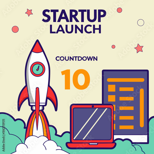 Startup Launch Countdown Illustration with Rocket and Timer