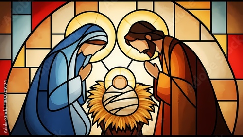 Vibrant Sacred Nativity Stained Glass Illustration with Golden Halos