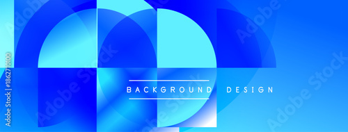 Abstract blue design features overlapping circles, squares. Modern aesthetic, vibrant colors, clean lines create dynamic composition.