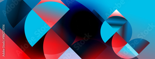 Abstract composition. Overlapping circles, vibrant blues, reds create dynamic visual effect. Modern design, smooth gradients present.