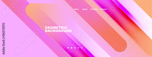 Abstract geometric background. Pink, purple hues dominate design. Navigation menu present at top. Modern aesthetic, vibrant colors.