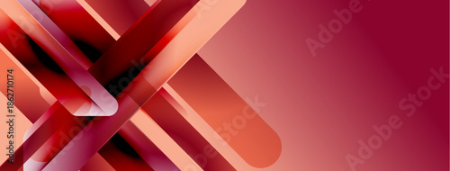 Abstract geometric shapes, red hues dominate. Gradient transitions create depth, modern design elements visible. Minimalist composition.